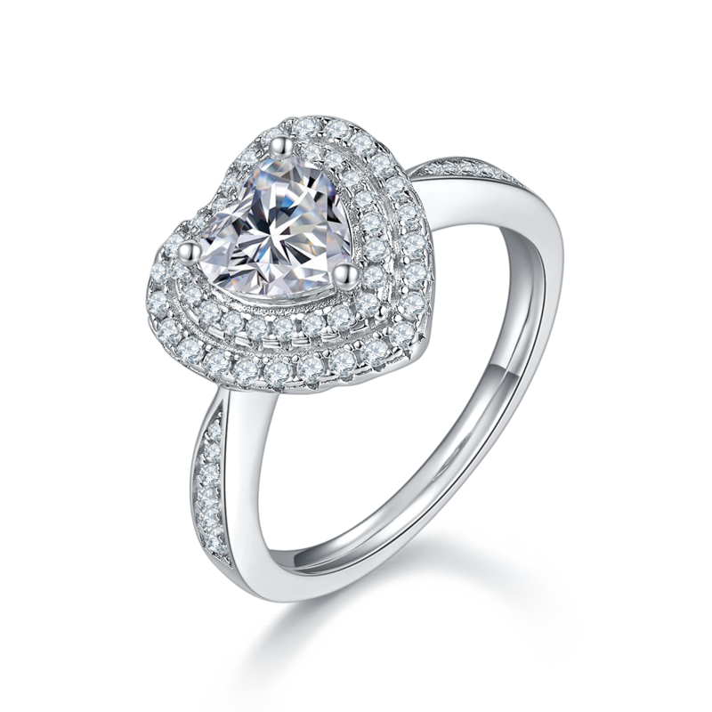 豪镶心形S925银镀白金MoissaniteWomen's Ring1.0ctD级